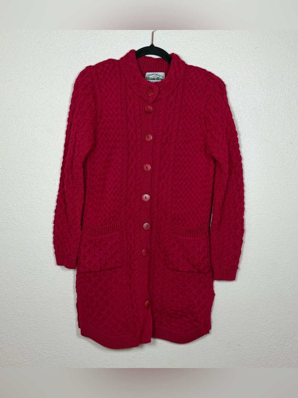 Vintage 90s Red 100% Wool Longline Cable Knit Button Front Mock Neck Sweater S